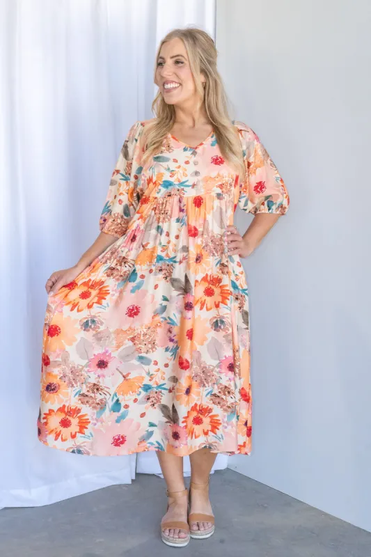 Fransie Floral Midi Dress in Peach Multi sold by Always Alice