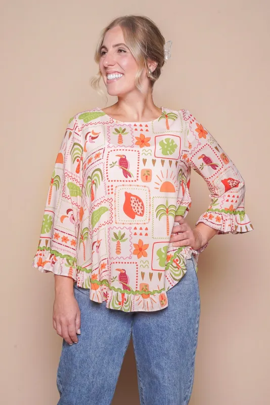 Belinda Ruffled Top in Beige Multi sold by Always Alice