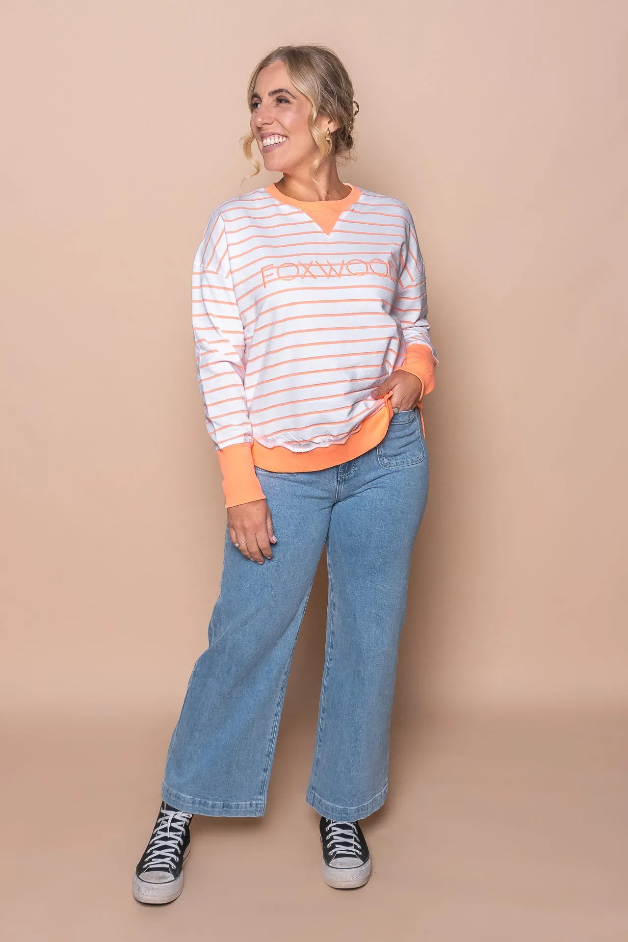 Simplified Stripe Crew in Neon Peach - Foxwood sold by Always Alice