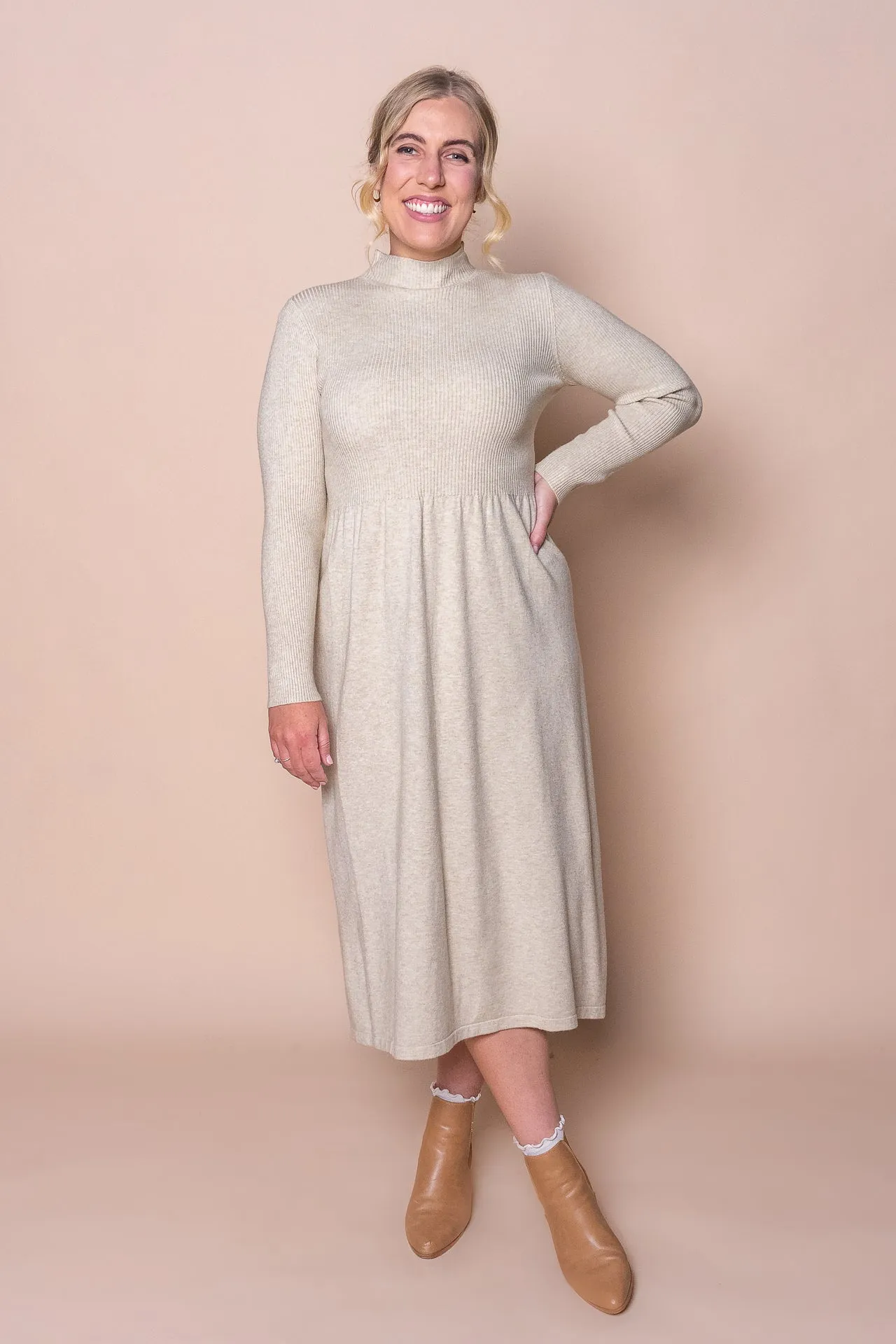 Jennifer Long Sleeve Dress in Oatmeal sold by Always Alice
