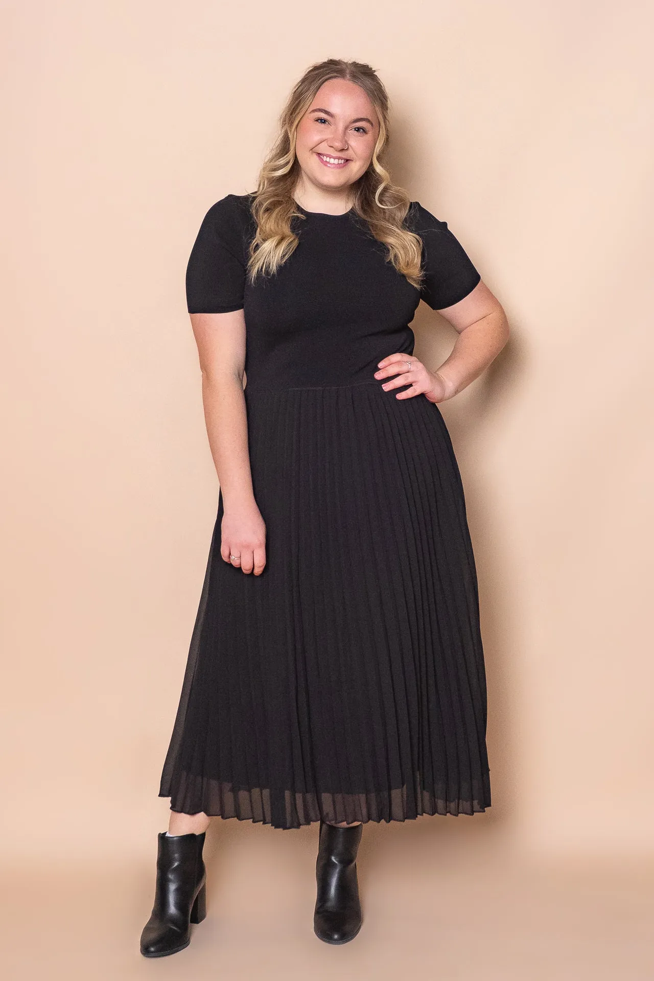 Valentina Pleated Midi Dress in Black sold by Always Alice