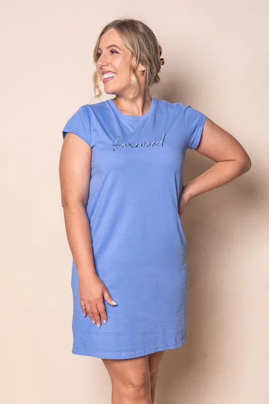 Signature Embroidery Tee Dress in Neon Blue - Foxwood sold by Always Alice