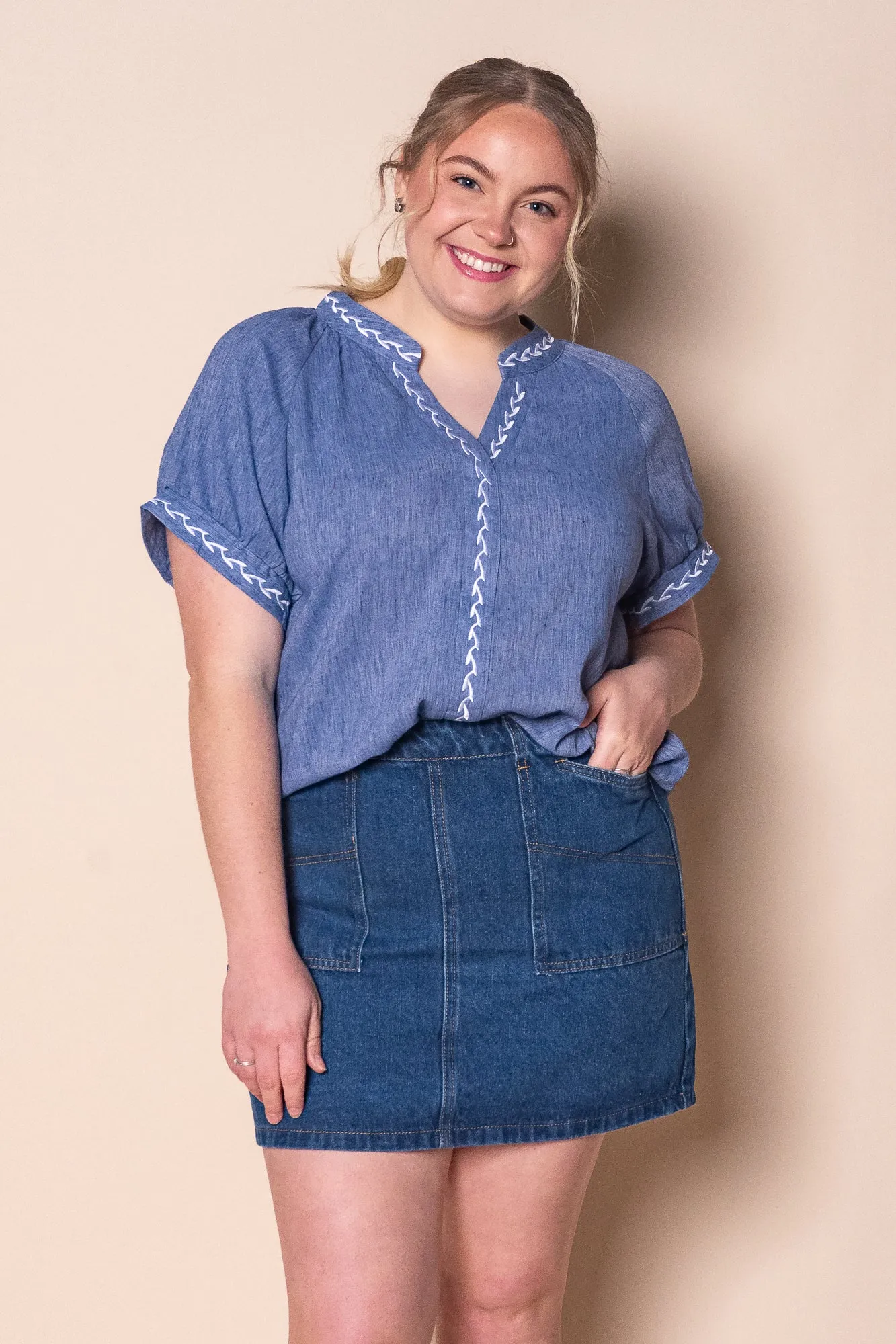 Lou S/S Embroidered Top in Blue sold by Always Alice