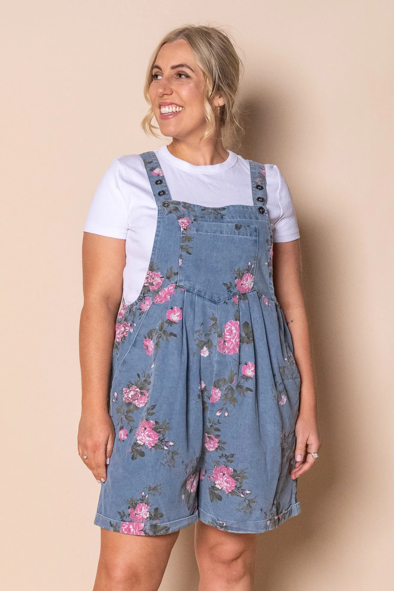 Forielli Floral Denim Shortalls in Mid Blue sold by Always Alice