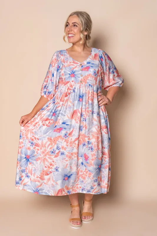 Peaches Midi Dress in Blue Multi sold by Always Alice