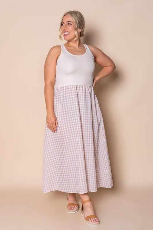 Nerida Midi Dress in Beige/Gingham sold by Always Alice