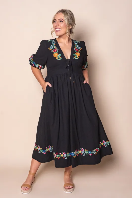 Velvette Embroidered Midi Dress in Black sold by Always Alice