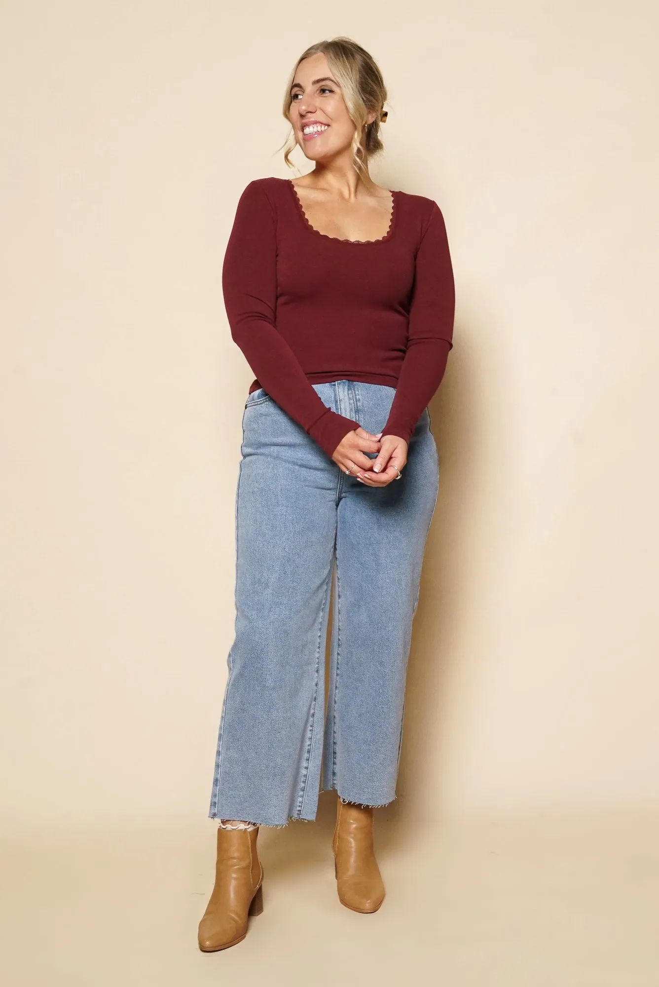 Washed Rib Scoop Neck L/S Tee in Burgundy - All About Eve sold by Always Alice product image thumbnail 2