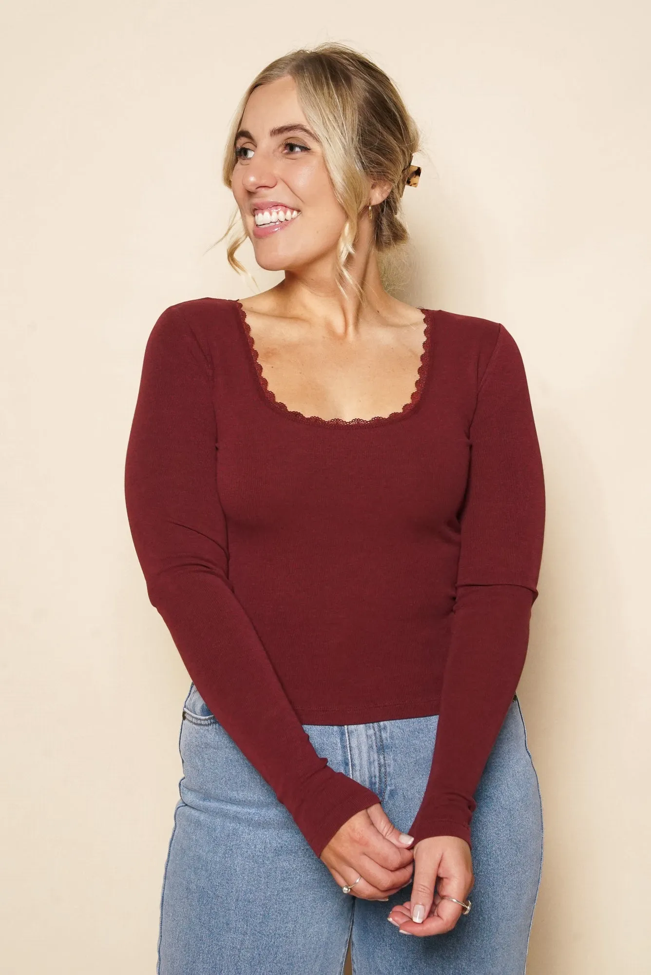 Washed Rib Scoop Neck L/S Tee in Burgundy - All About Eve sold by Always Alice