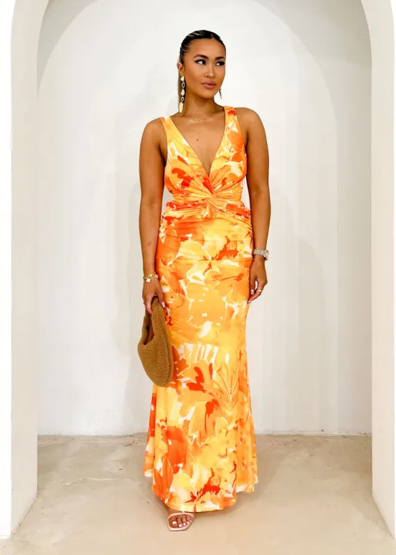 Larie Midi Dress - Tangerine Floral sold by Gingham & Heels