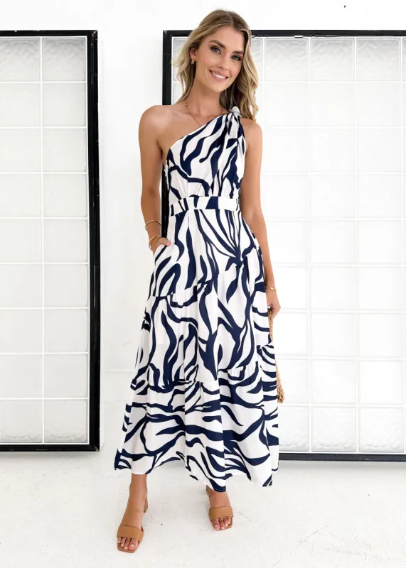Epas One Shoulder Midi Dress - Navy Abstract sold by Gingham & Heels