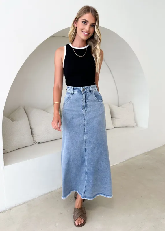 Tinna Denim Midi Skirt - Washed Blue sold by Gingham & Heels