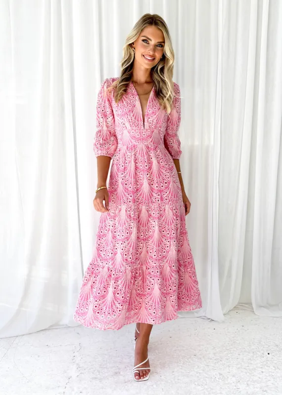 Zinta Midi Dress - Pink Anglaise sold by Gingham & Heels