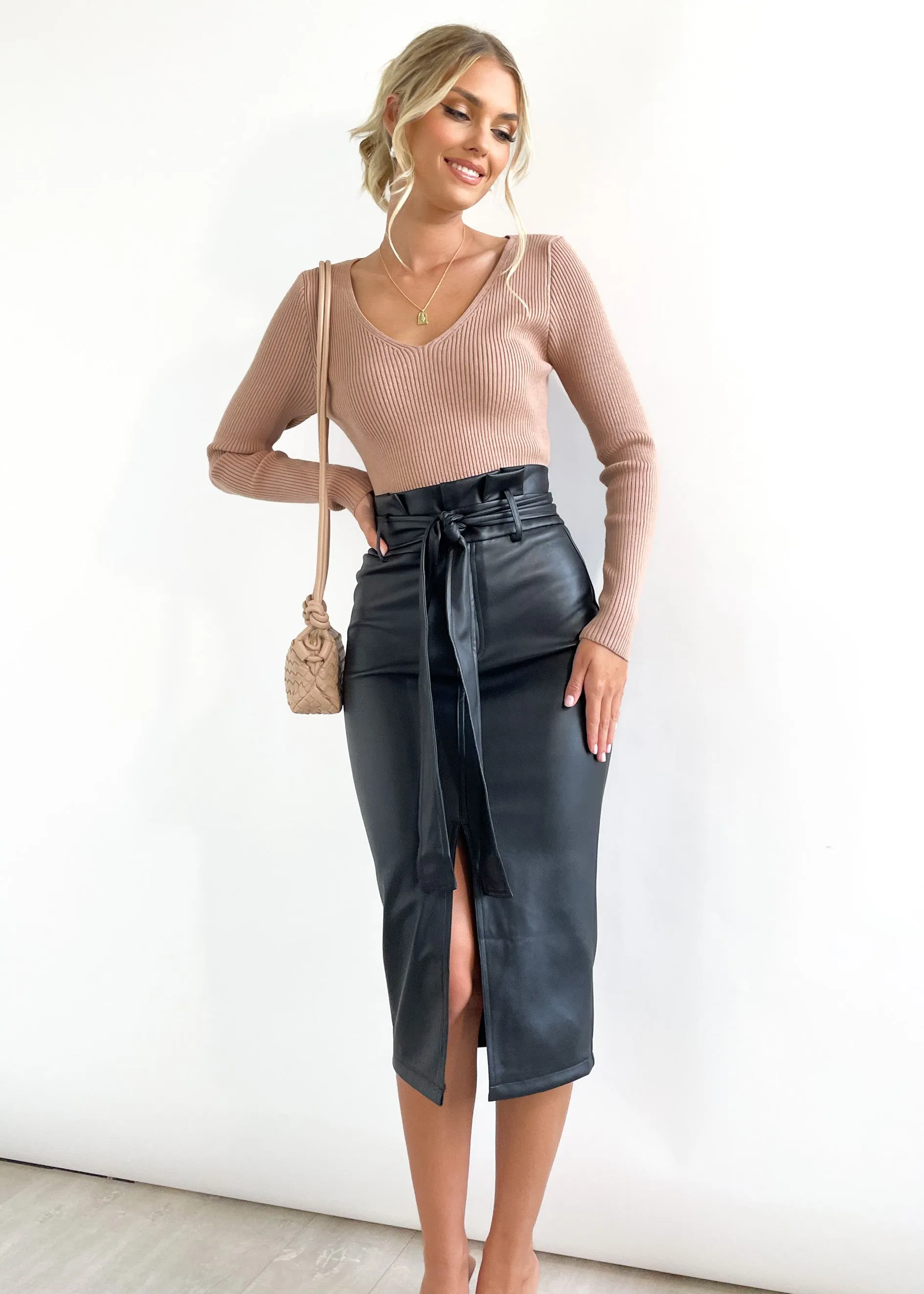 Deania PU Midi Skirt - Black sold by Gingham & Heels