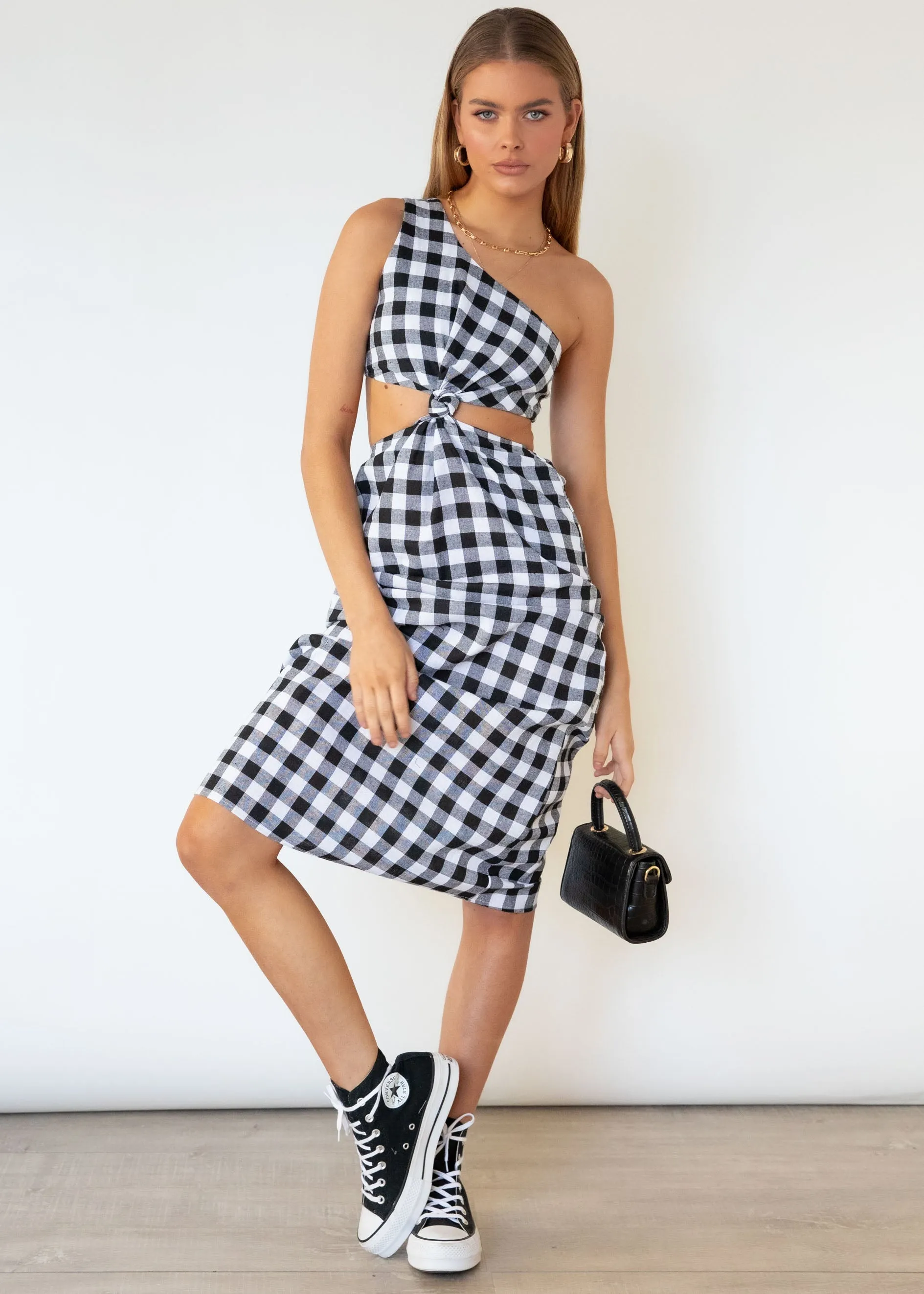 Annabel One Shoulder Midi Dress - B&W Gingham sold by Gingham & Heels product image thumbnail 4