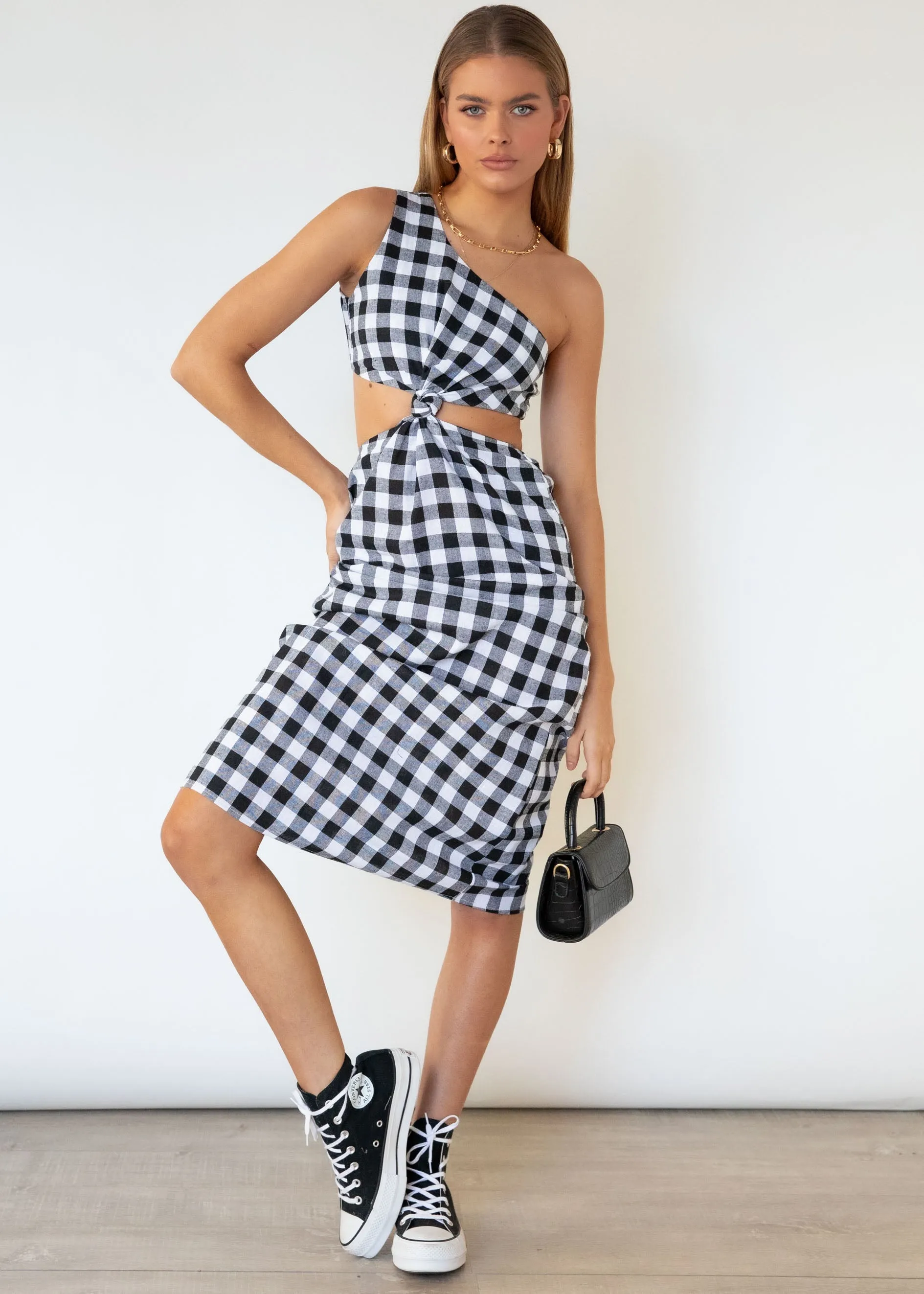 Annabel One Shoulder Midi Dress - B&W Gingham sold by Gingham & Heels