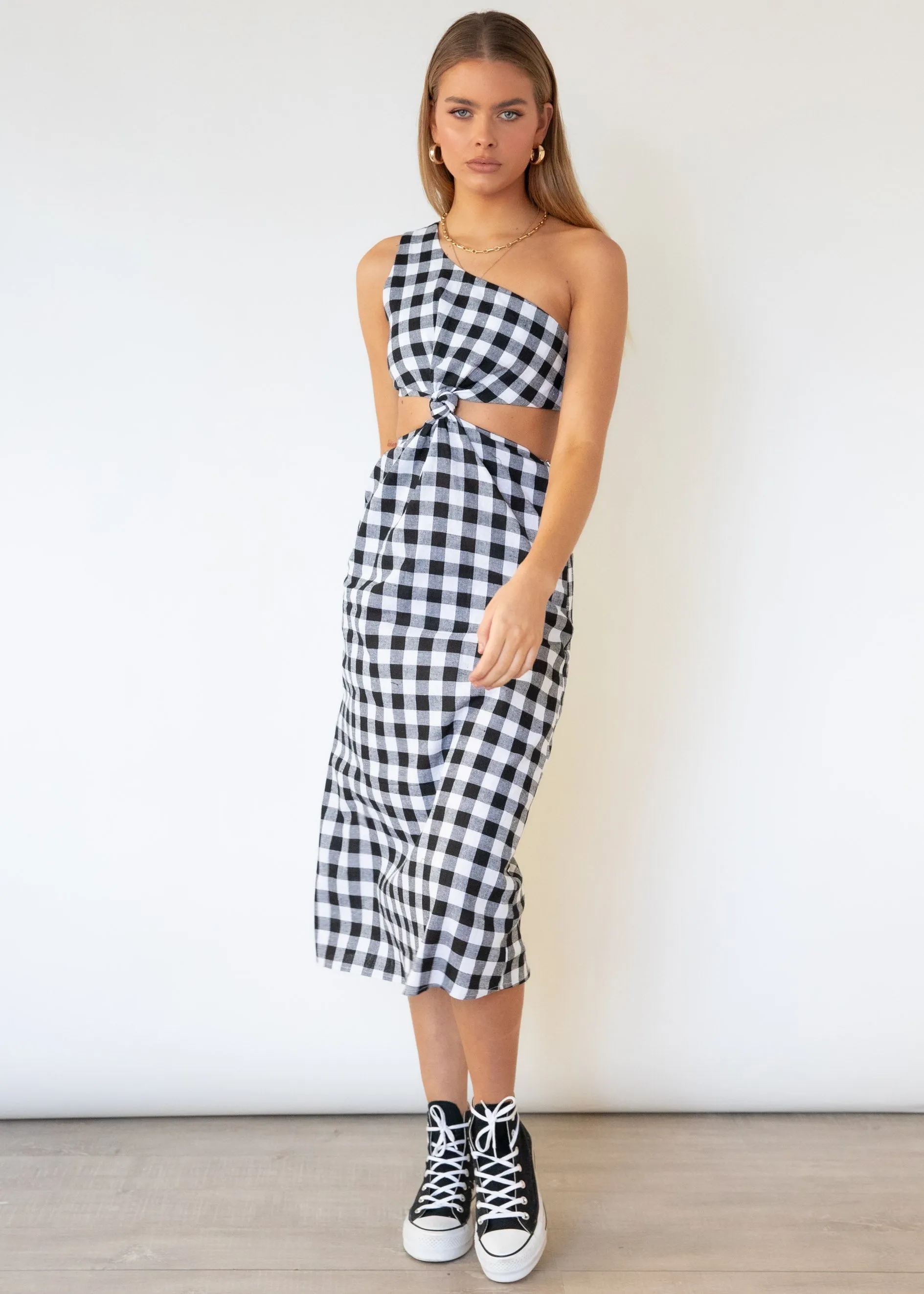 Annabel One Shoulder Midi Dress - B&W Gingham sold by Gingham & Heels product image thumbnail 3