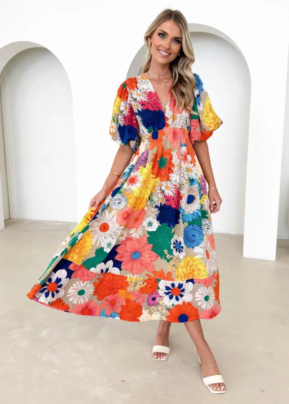 Madelaine Midi Dress - Retro Flowers sold by Gingham & Heels