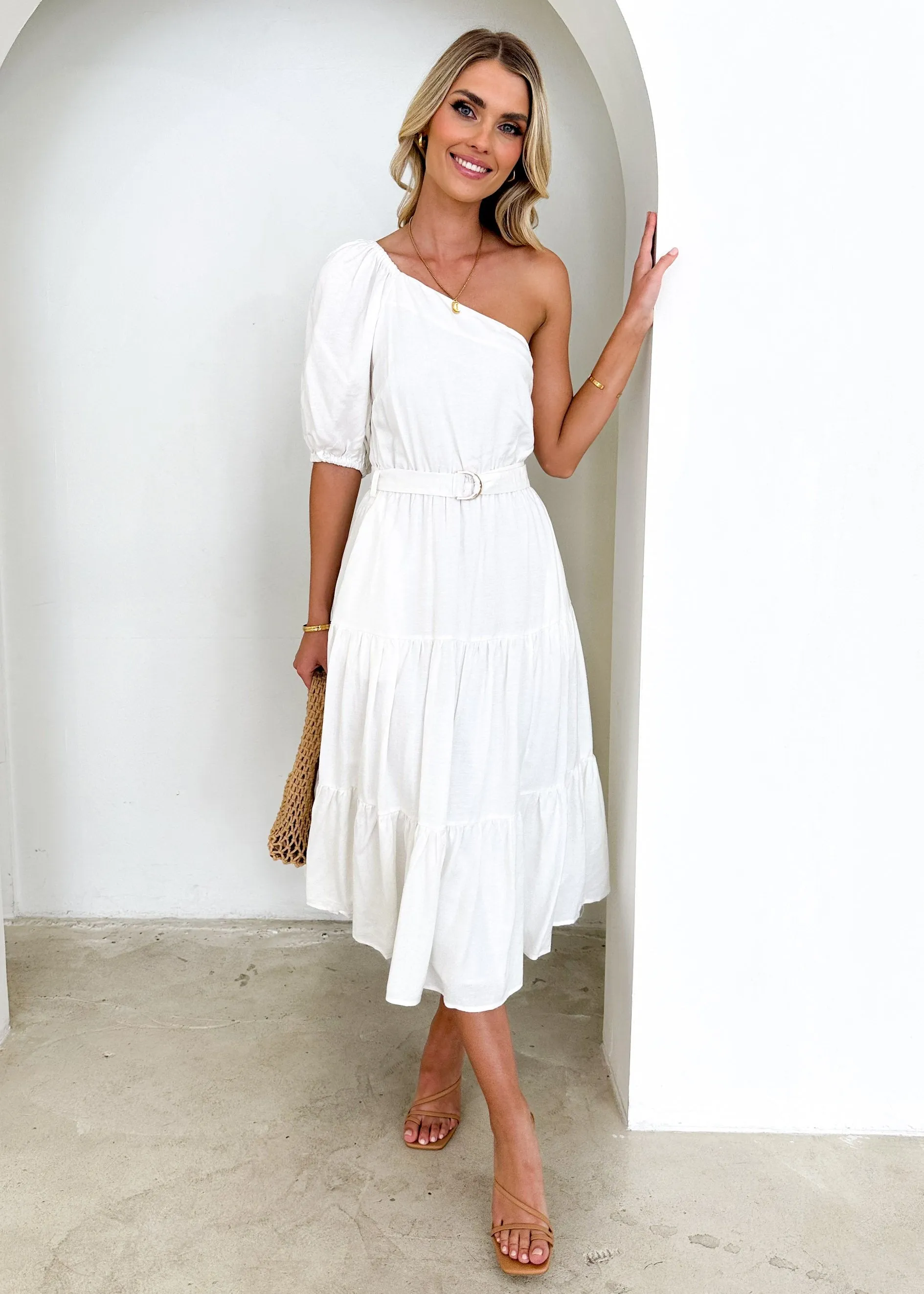 Jelai One Shoulder Midi Dress - Off White sold by Gingham & Heels