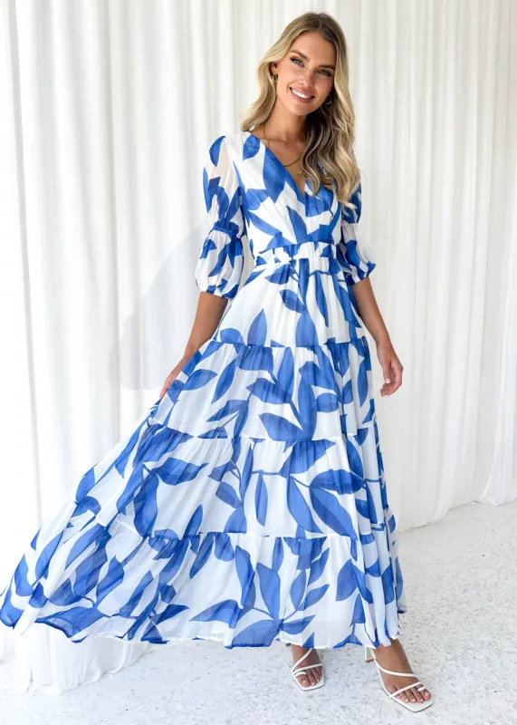 Isobel Midi Dress - Cobalt Leaf sold by Gingham & Heels