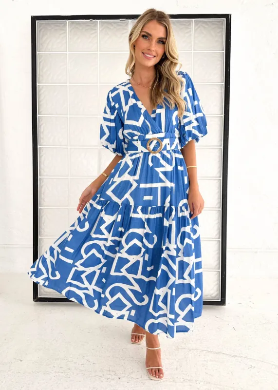 Pheener Midi Dress - Blue Geo sold by Gingham & Heels
