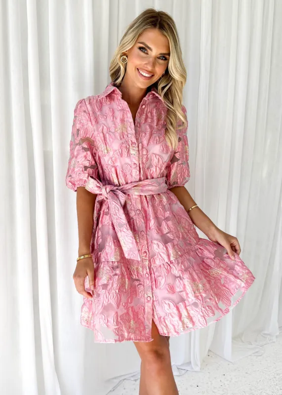 Glazer Dress - Candy Pink Jacquard sold by Gingham & Heels