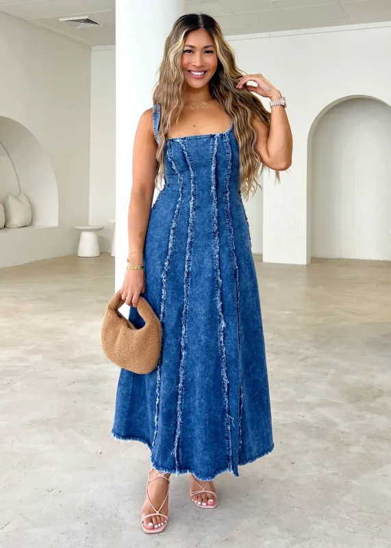 Neeva Stretch Denim Midi Dress - Dark Blue sold by Gingham & Heels
