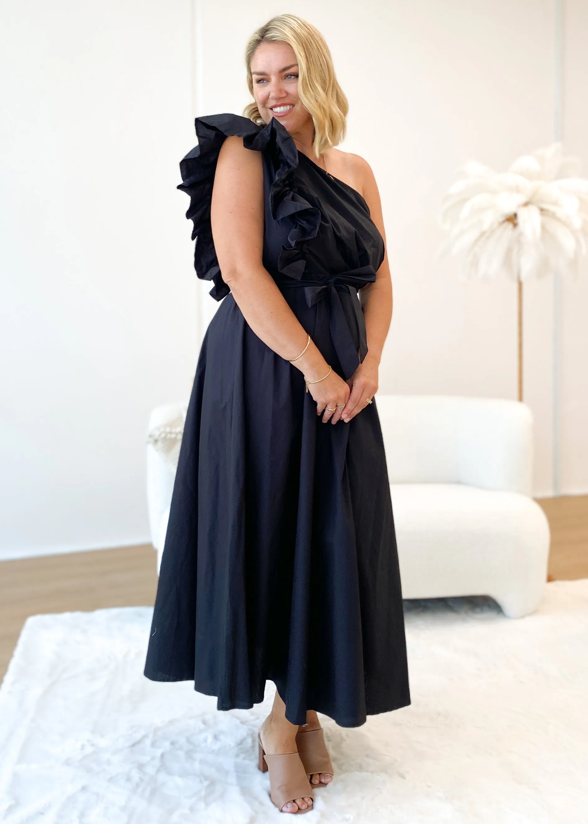 Rowler One Shoulder Midi Dress - Black sold by Gingham & Heels product image thumbnail 4