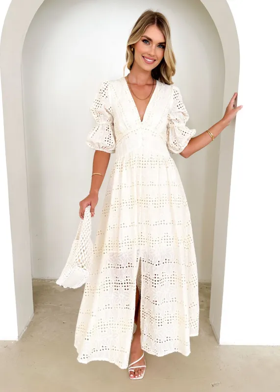 Obella Maxi Dress - White Anglaise sold by Gingham & Heels