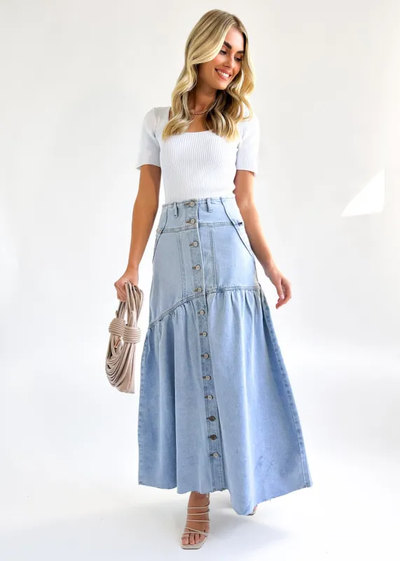 Florento Denim Maxi Skirt - Light Blue sold by Gingham & Heels