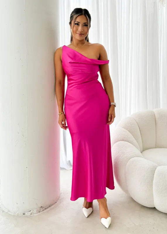 Draela One Shoulder Midi Dress - Pink sold by Gingham & Heels