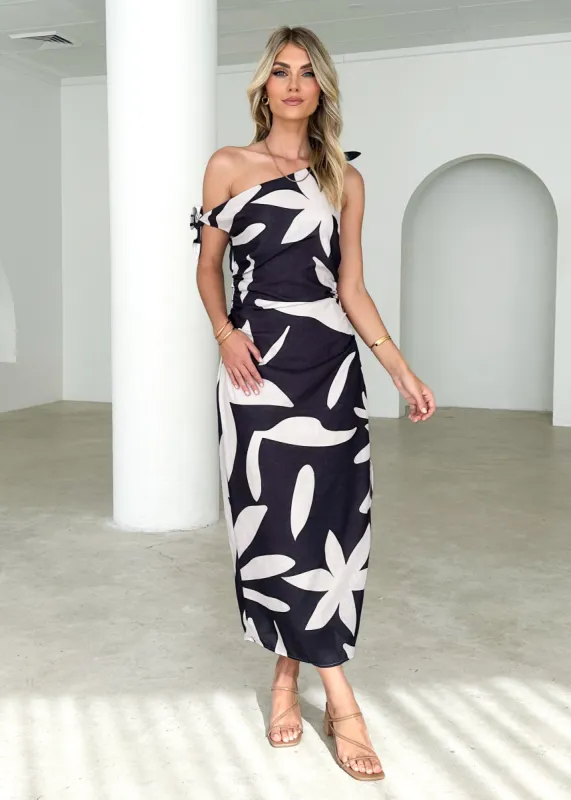 Dulcie One Shoulder Midi Dress - Black Abstract sold by Gingham & Heels