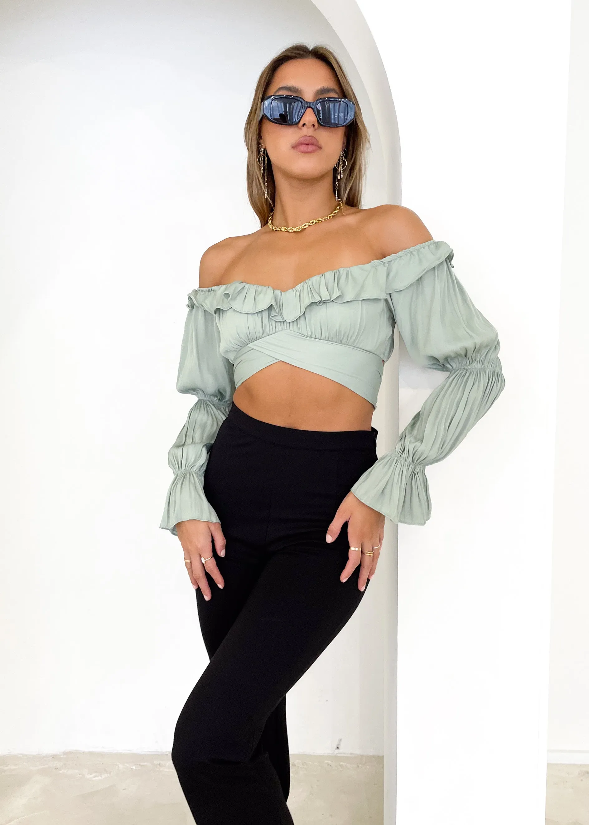 Rexha Off Shoulder Crop - Sage sold by Gingham & Heels product image thumbnail 2