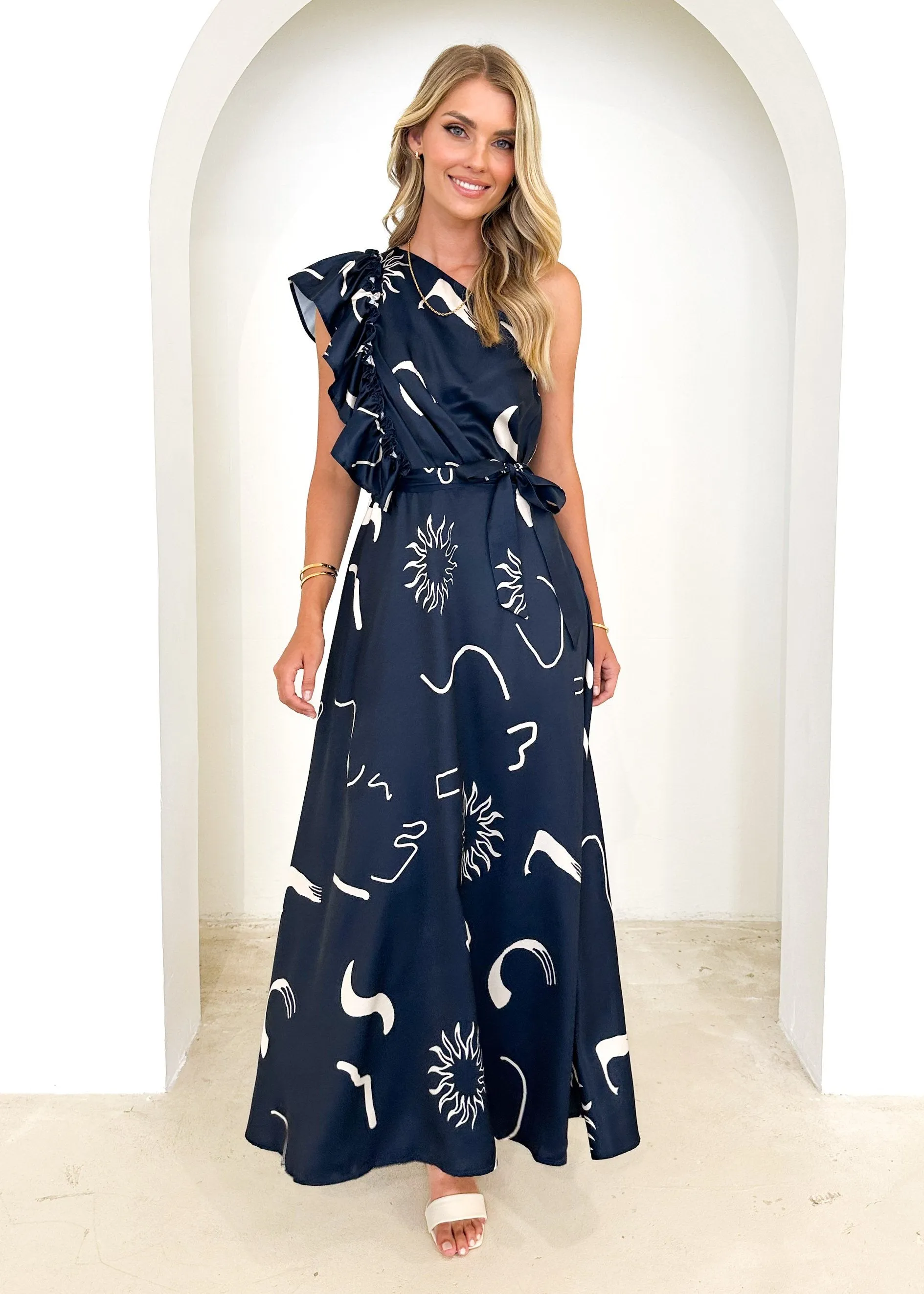Rowler One Shoulder Midi Dress - Navy Abstract sold by Gingham & Heels product image thumbnail 4