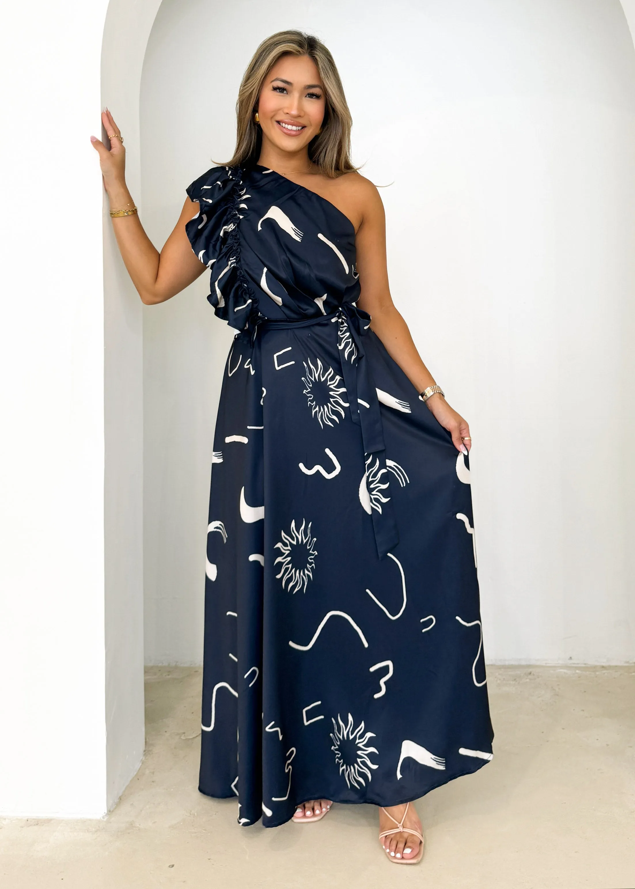 Rowler One Shoulder Midi Dress - Navy Abstract sold by Gingham & Heels product image thumbnail 2