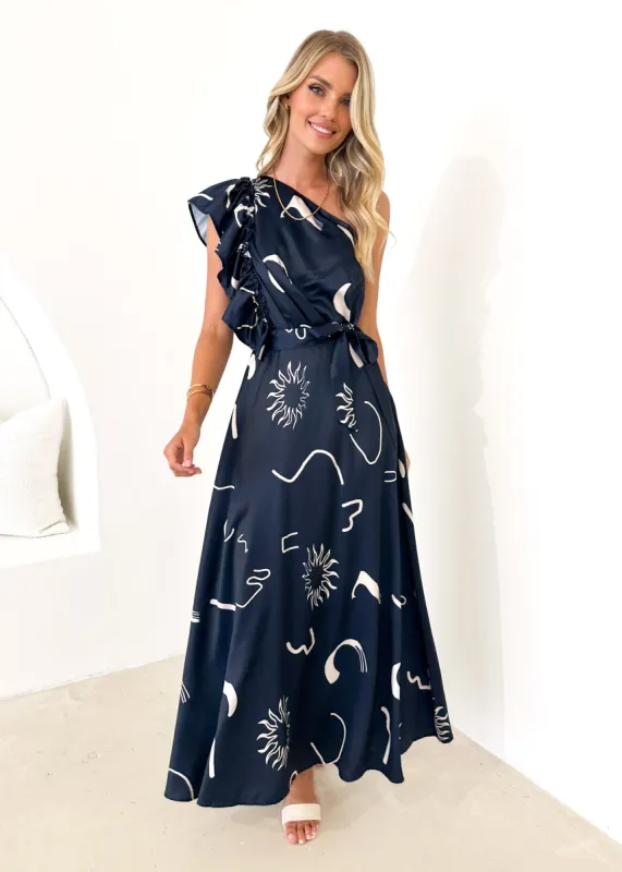 Rowler One Shoulder Midi Dress - Navy Abstract sold by Gingham & Heels