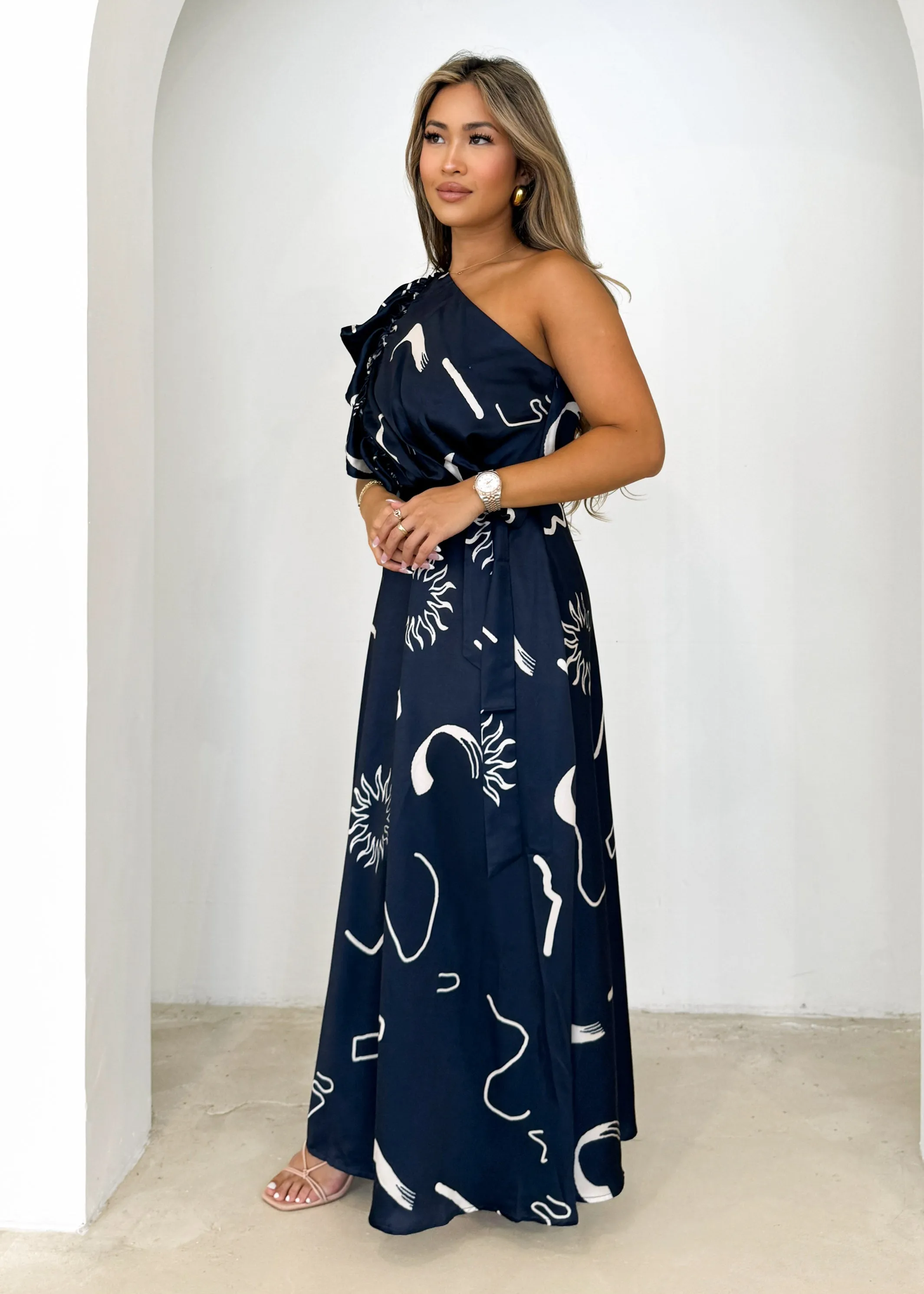 Rowler One Shoulder Midi Dress - Navy Abstract sold by Gingham & Heels product image thumbnail 3