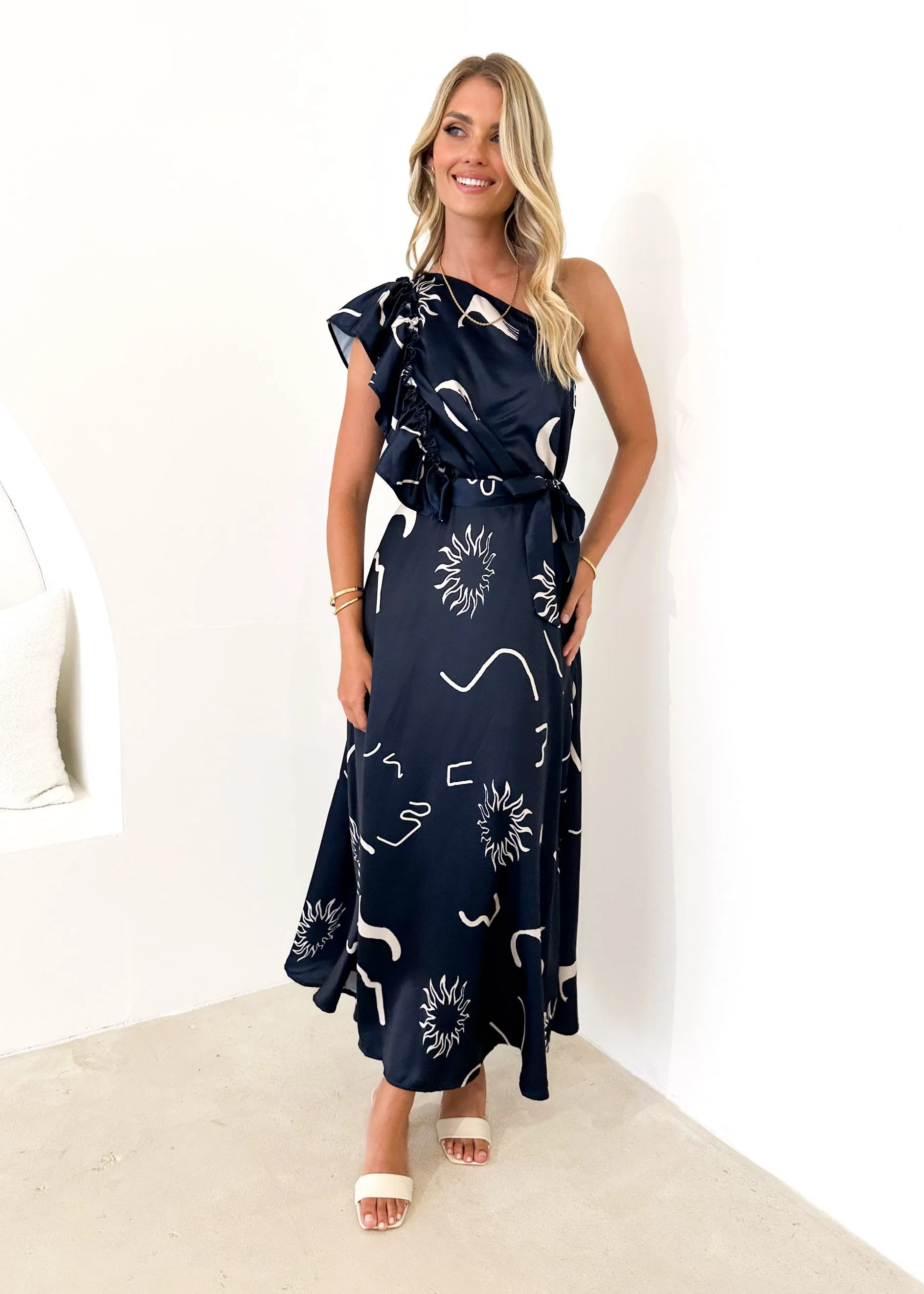 Rowler One Shoulder Midi Dress - Navy Abstract sold by Gingham & Heels product image thumbnail 5