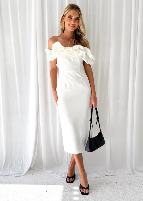 Nalini Off Shoulder Midi Dress - Off White sold by Gingham & Heels