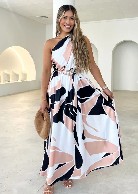 Korah One Shoulder Midi Dress - Champagne Leaf sold by Gingham & Heels