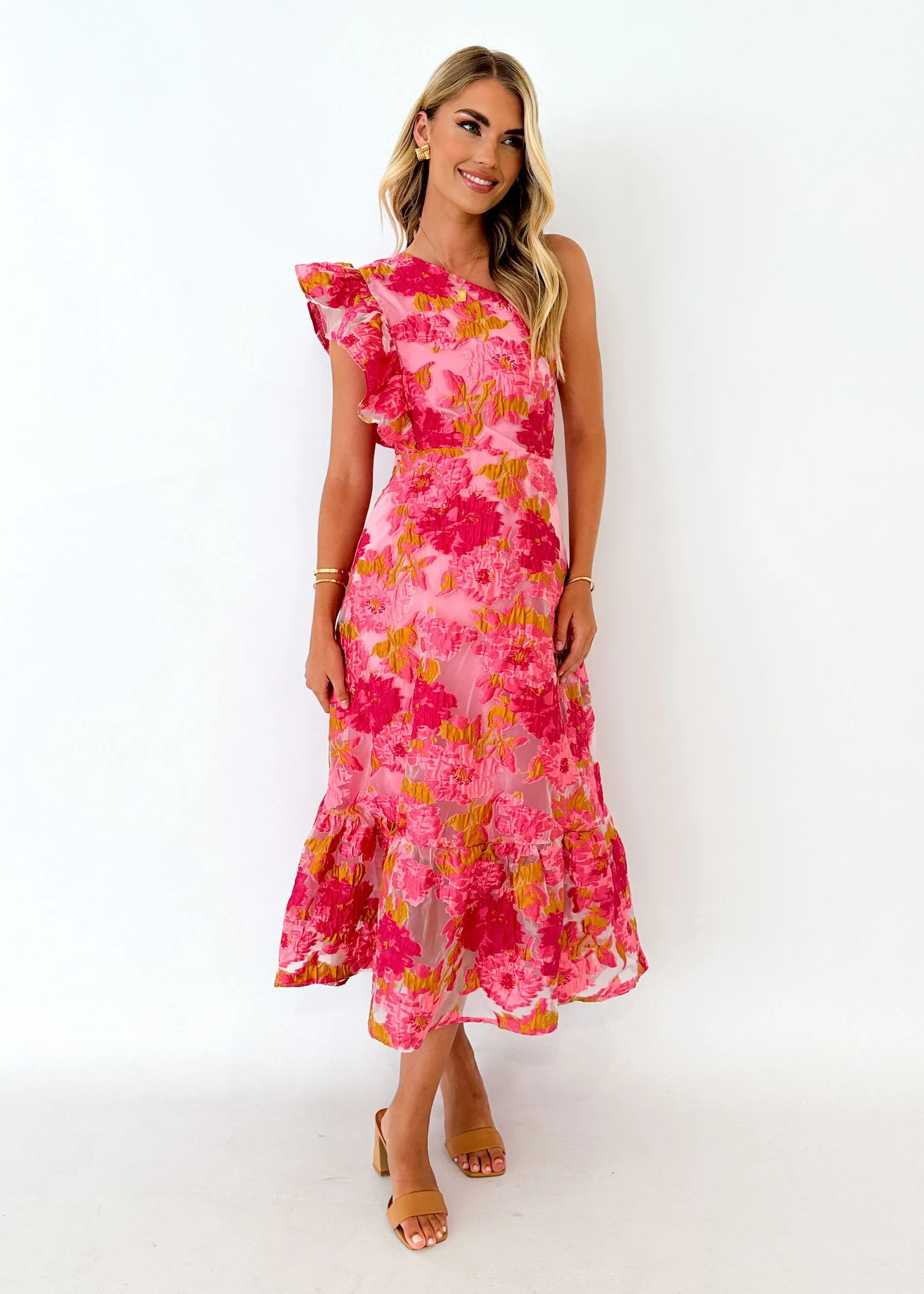 Airly One Shoulder Midi Dress - Pink Jacquard sold by Gingham & Heels product image thumbnail 5
