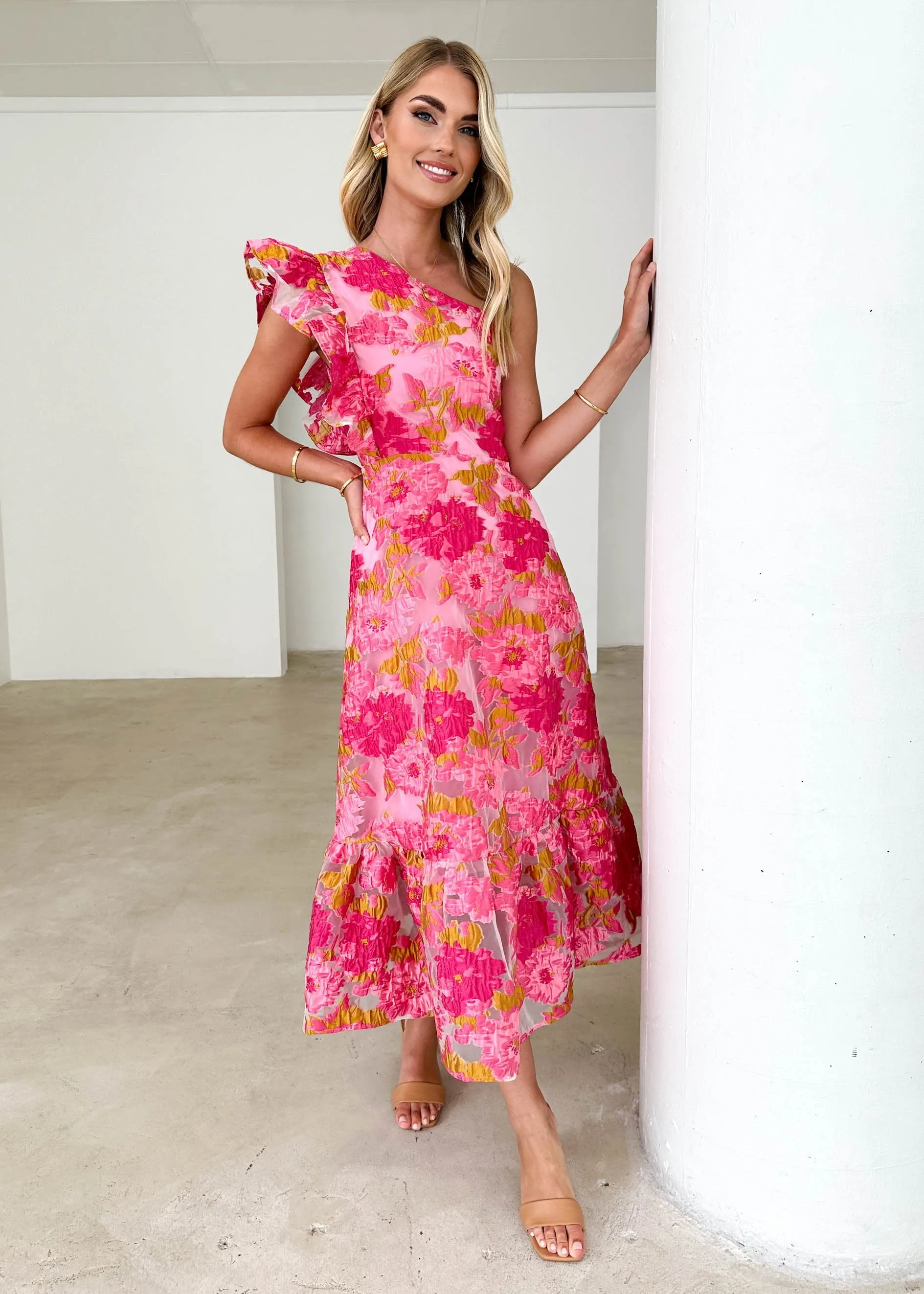 Airly One Shoulder Midi Dress - Pink Jacquard sold by Gingham & Heels product image thumbnail 4