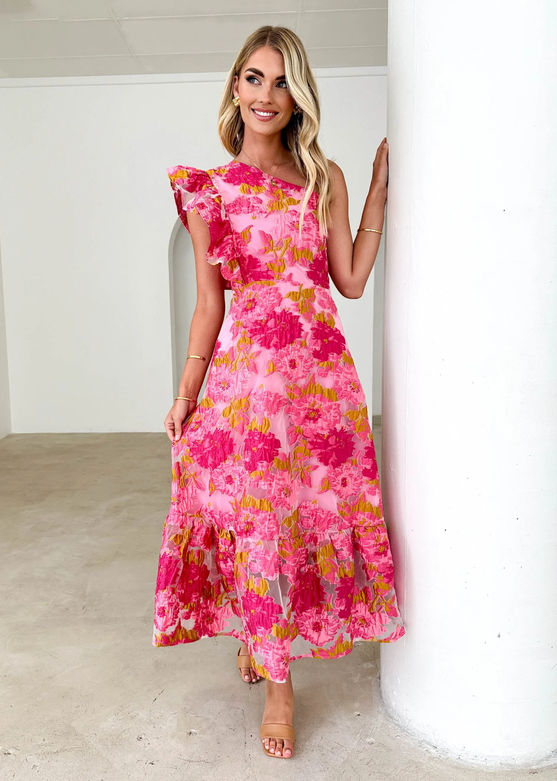 Airly One Shoulder Midi Dress - Pink Jacquard sold by Gingham & Heels product image thumbnail 3