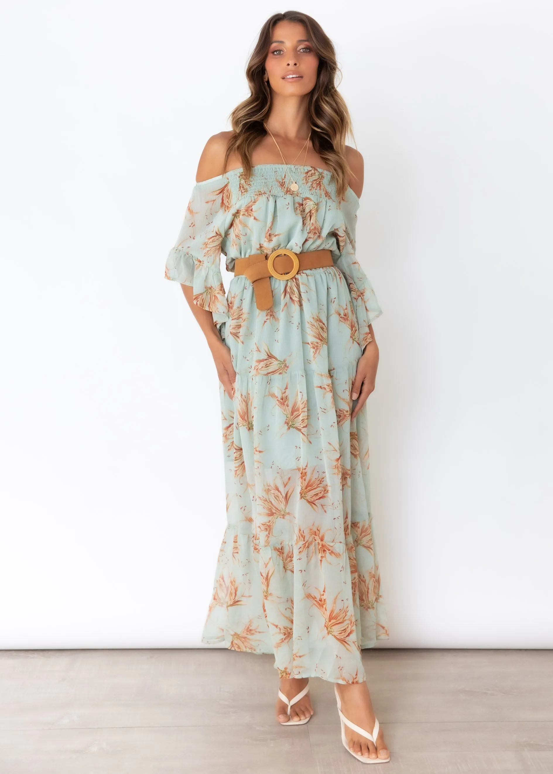 Dreamers Off Shoulder Maxi Dress - Sage Floral sold by Gingham & Heels product image thumbnail 4