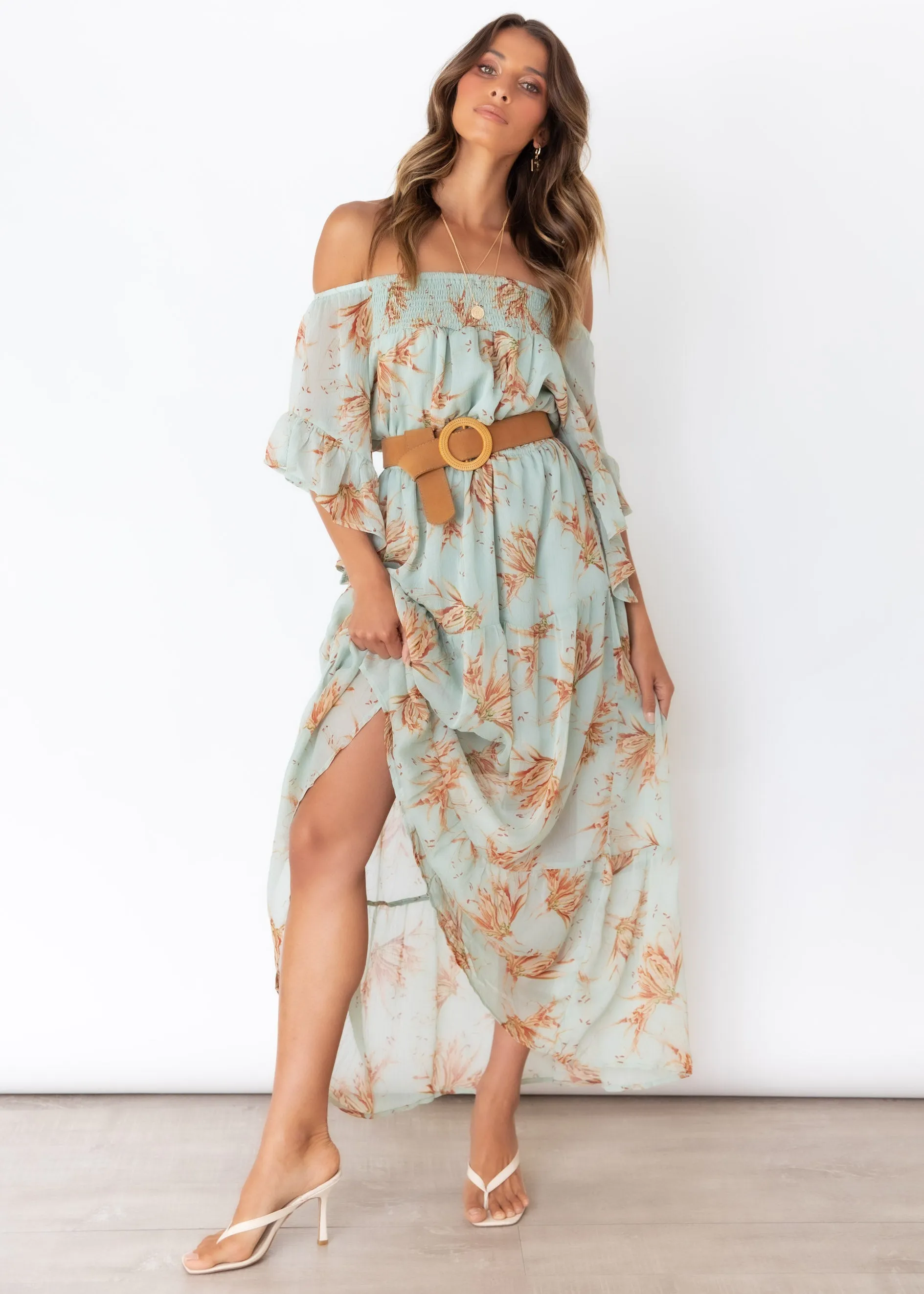 Dreamers Off Shoulder Maxi Dress - Sage Floral sold by Gingham & Heels product image thumbnail 5