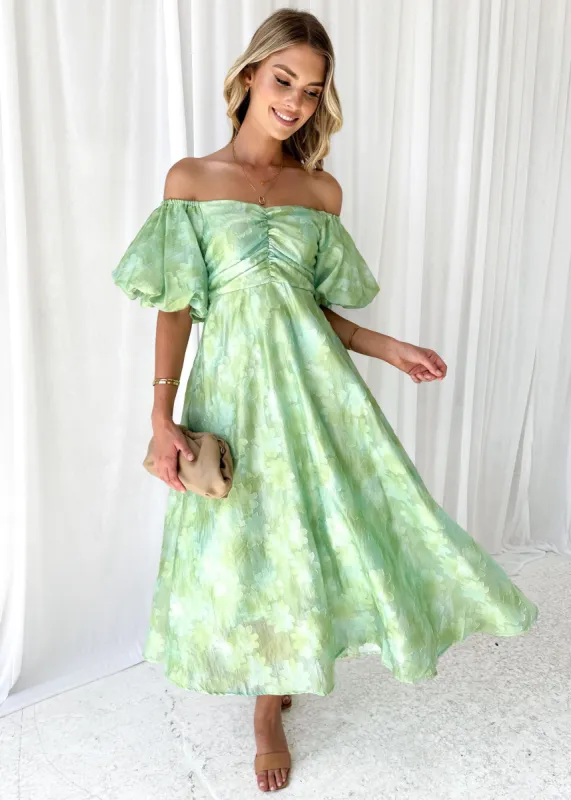 Shira Off Shoulder Midi Dress - Mint sold by Gingham & Heels