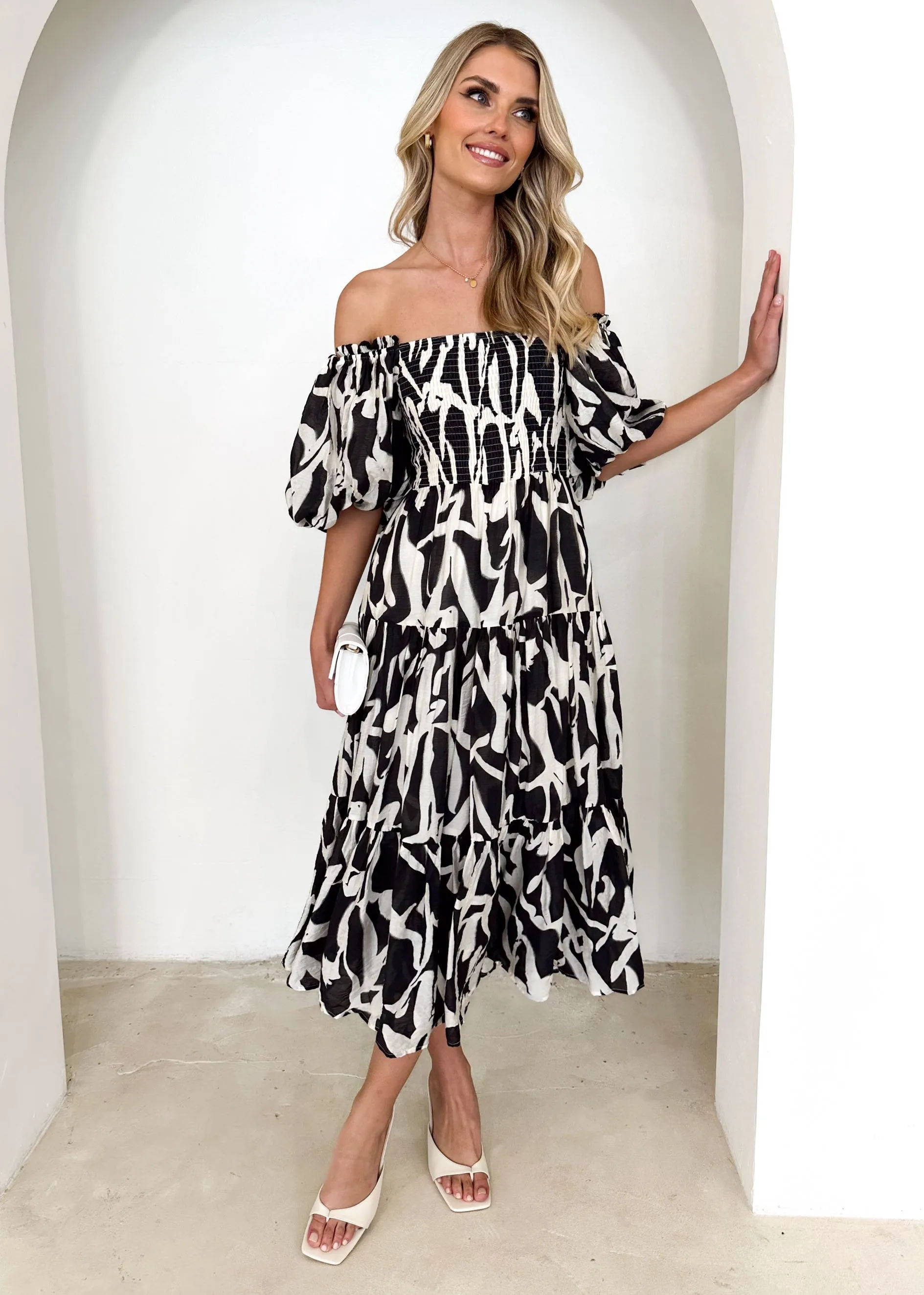 Irma Off Shoulder Midi Dress - Black Abstract sold by Gingham & Heels product image thumbnail 5