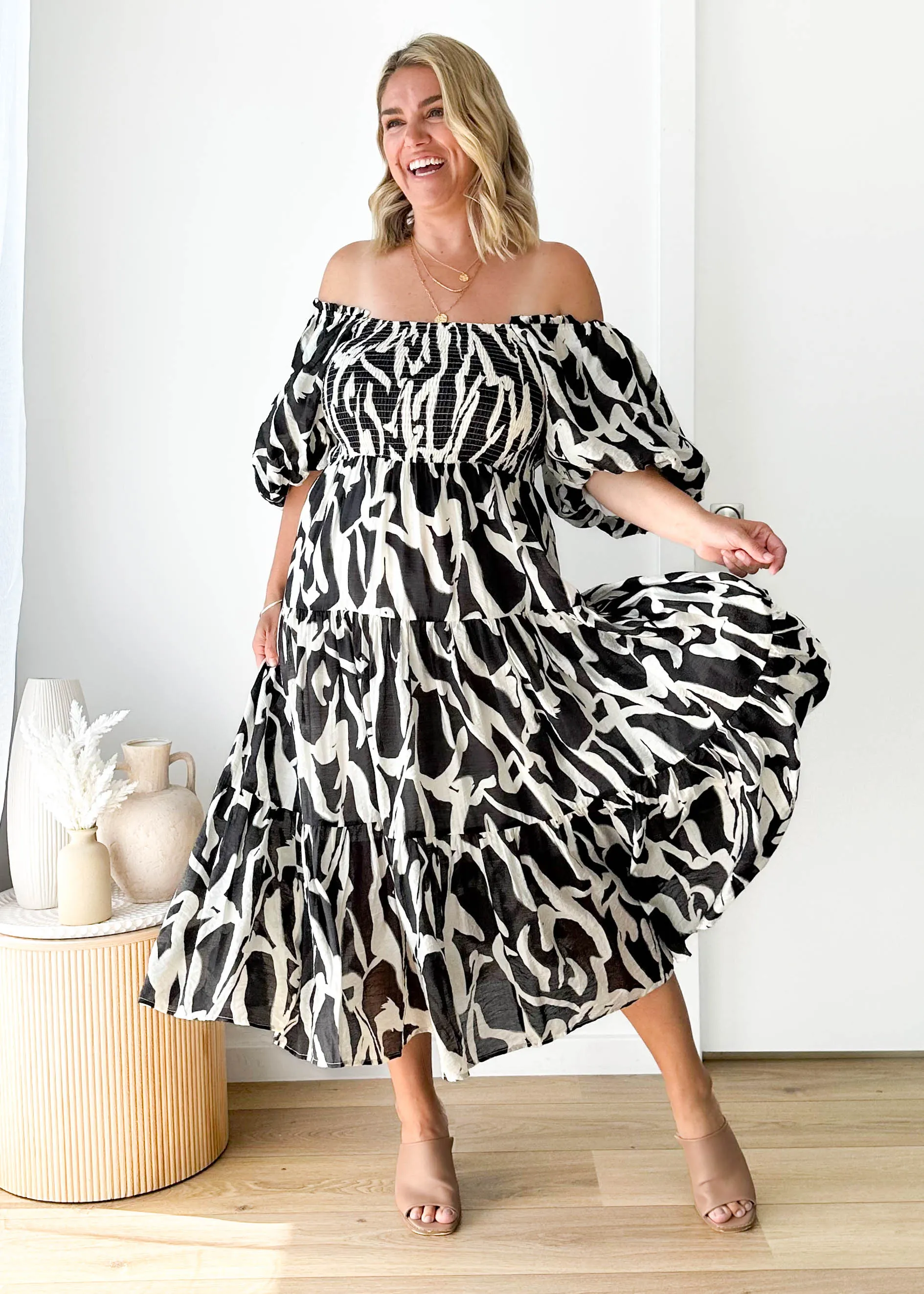 Irma Off Shoulder Midi Dress - Black Abstract sold by Gingham & Heels product image thumbnail 4
