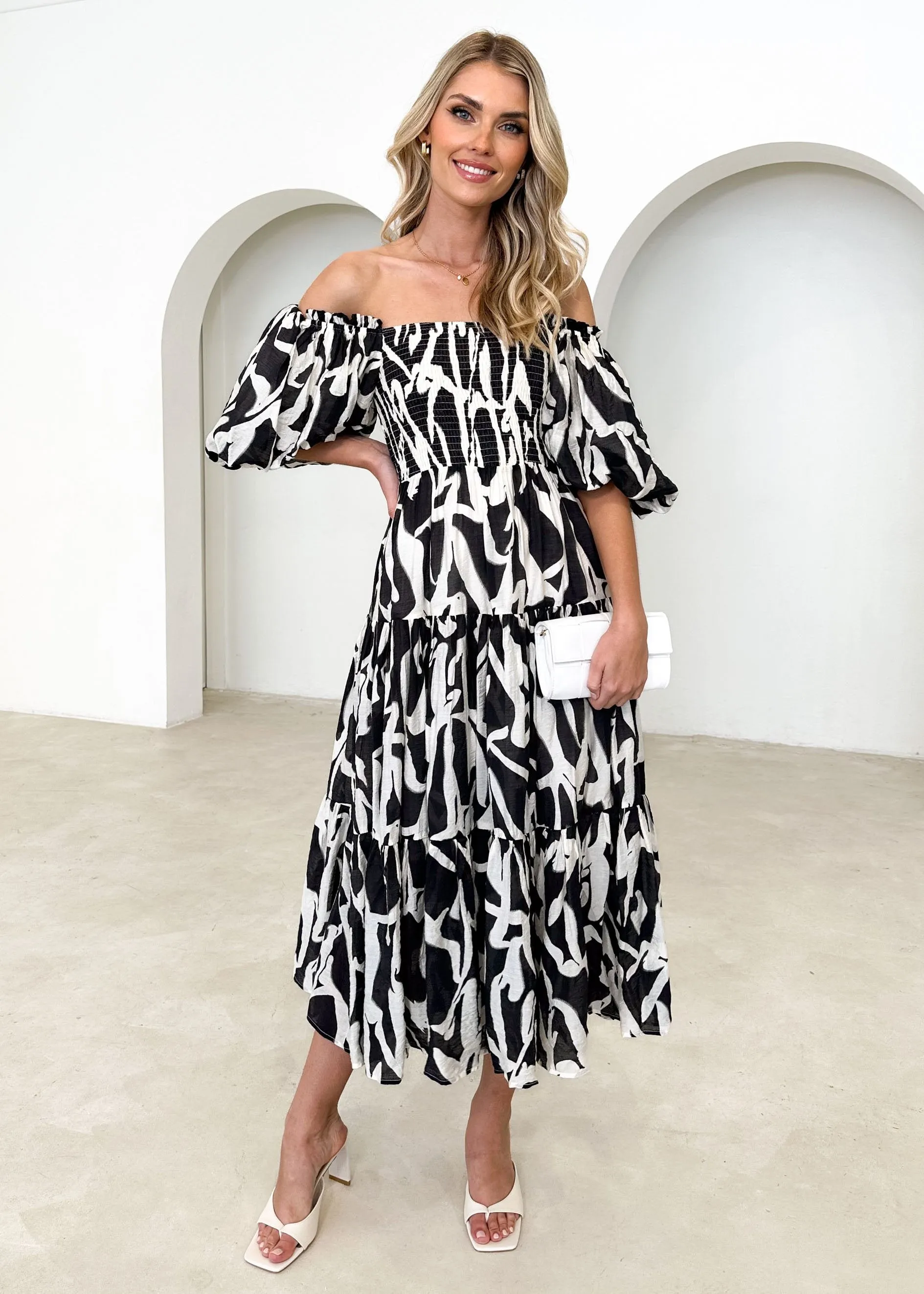 Irma Off Shoulder Midi Dress - Black Abstract sold by Gingham & Heels product image thumbnail 3