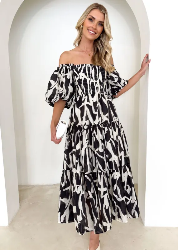 Irma Off Shoulder Midi Dress - Black Abstract sold by Gingham & Heels